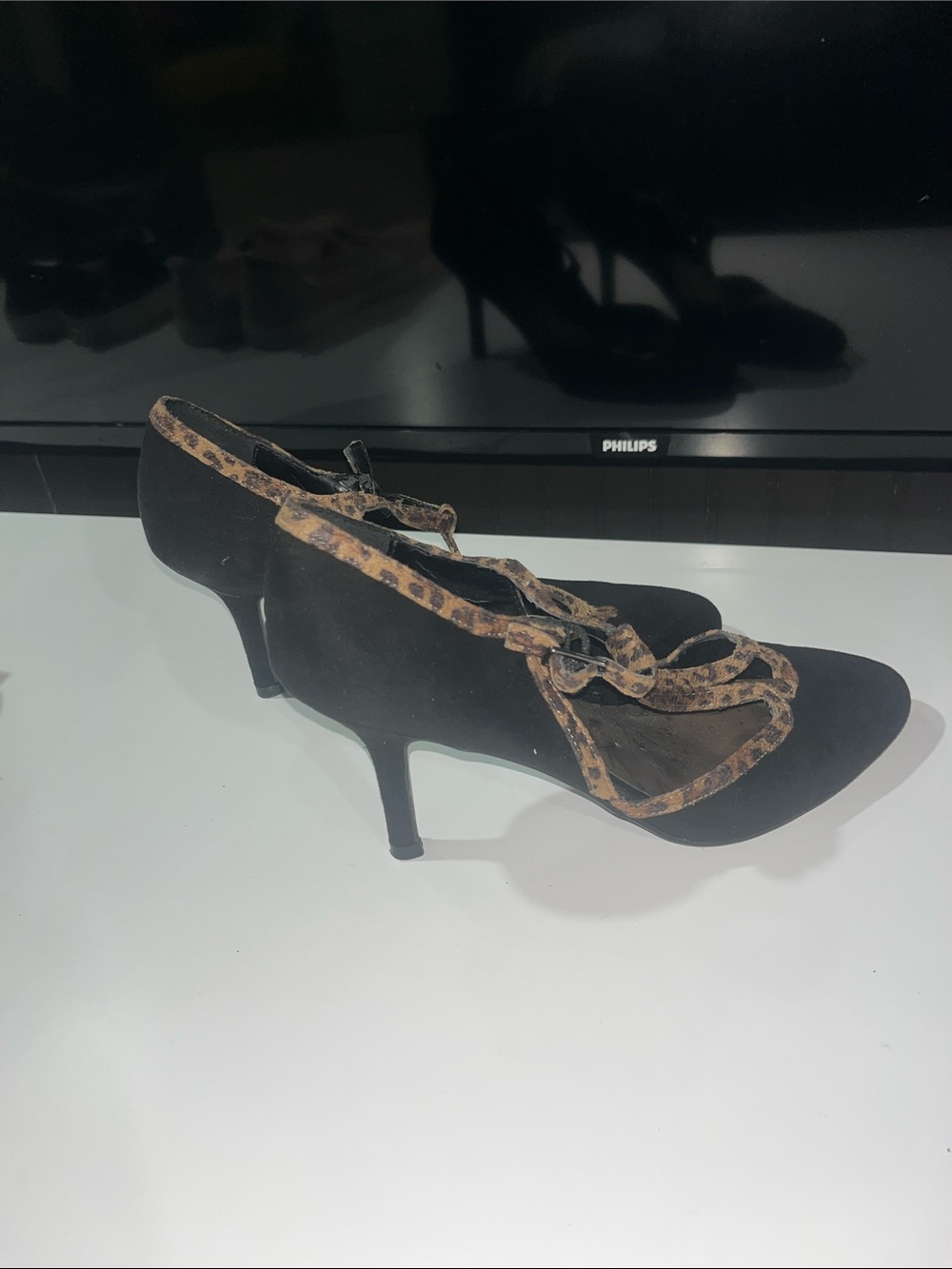 Impo Black Suede Pointed-Toe Heels with Leopard Trim